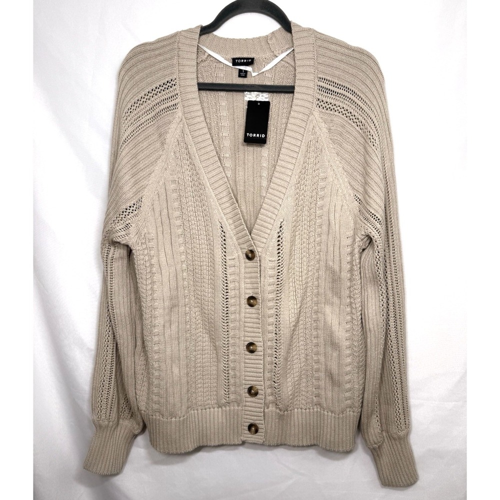 NWT Torrid Cotton Cable Knit V Neck Cardigan Beige Womens Size 1X